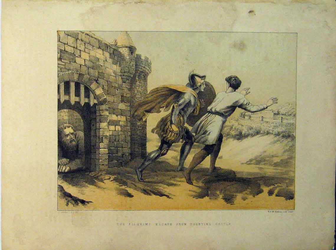 Original Old Antique Print Pilgrims Escape Doubting Castle Colour Gate
