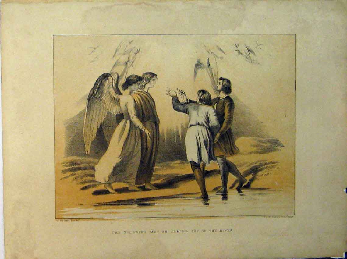 Original Old Antique Print Pilgrims Meeting River Angels Wings Colour