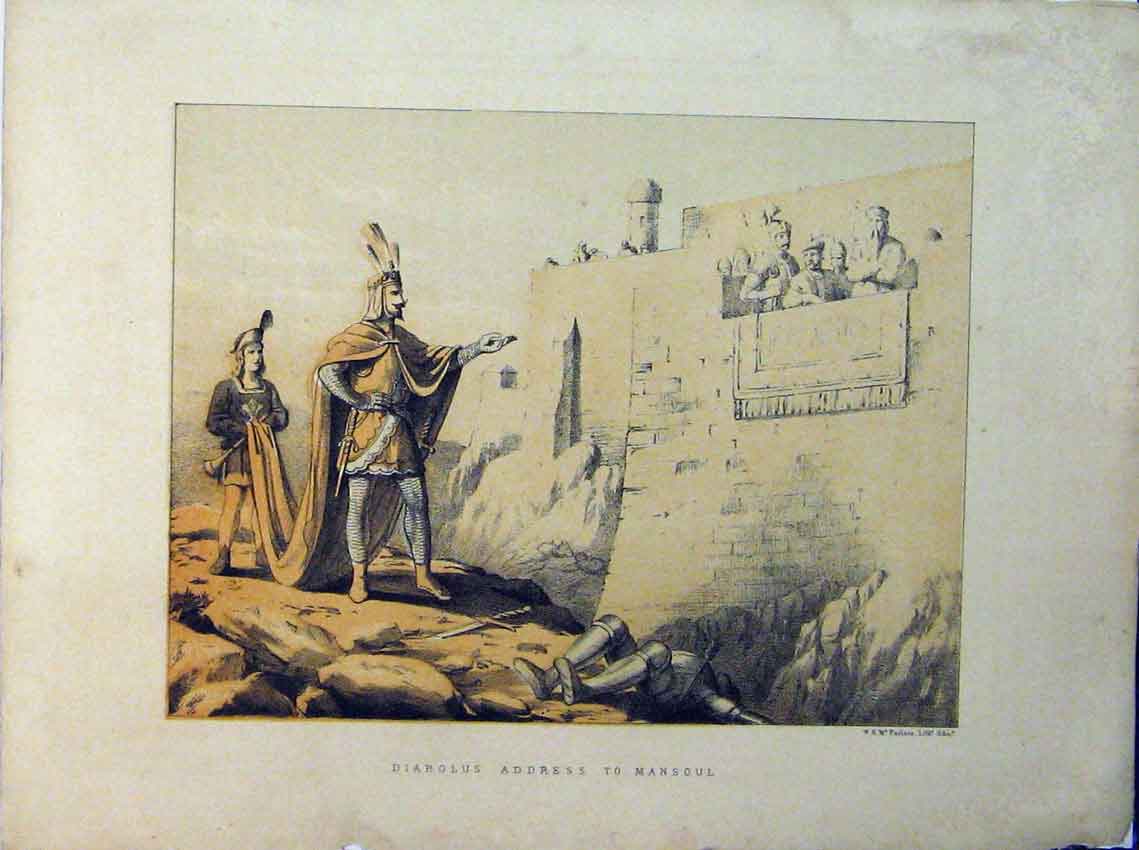 Original Old Antique Print Diabolus Address Mansoul Colour Castle View