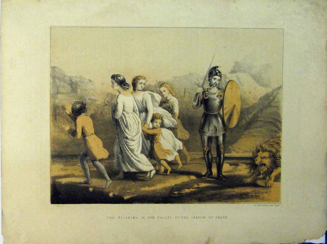 Original Old Antique Print Pilgrims Valley Shadow Death Lion Shield Colour