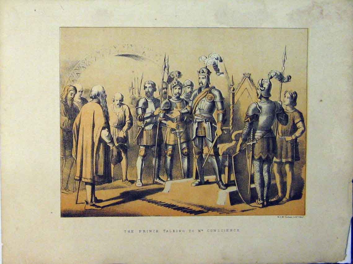 Original Old Antique Print Colour Prince Talking Conscience Siers Farlane