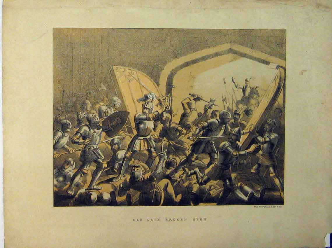 Original Old Antique Print Ear-Gate Broken Open Siers Fighting Shield Sword
