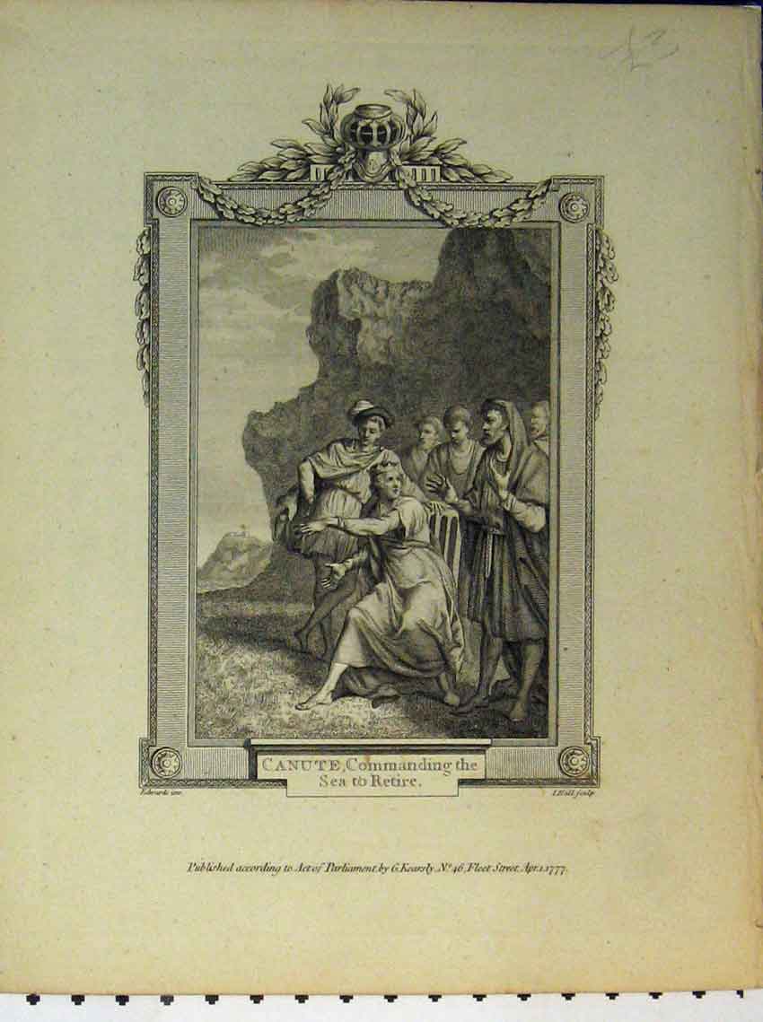 Original Old Antique Print Scene Canute Commanding Sea Retire Engraving Hall