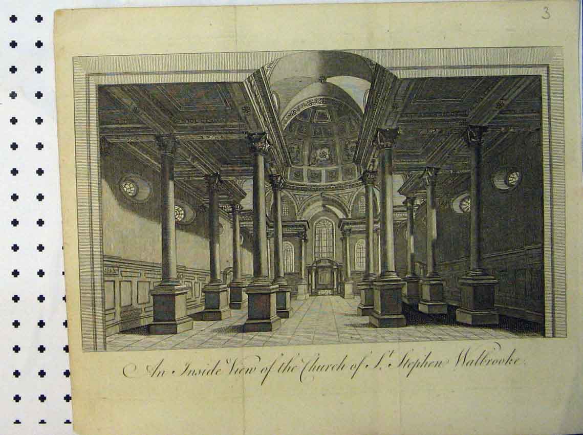 Original Old Antique Print Inside View Church St Stephens Walbrooke 19th