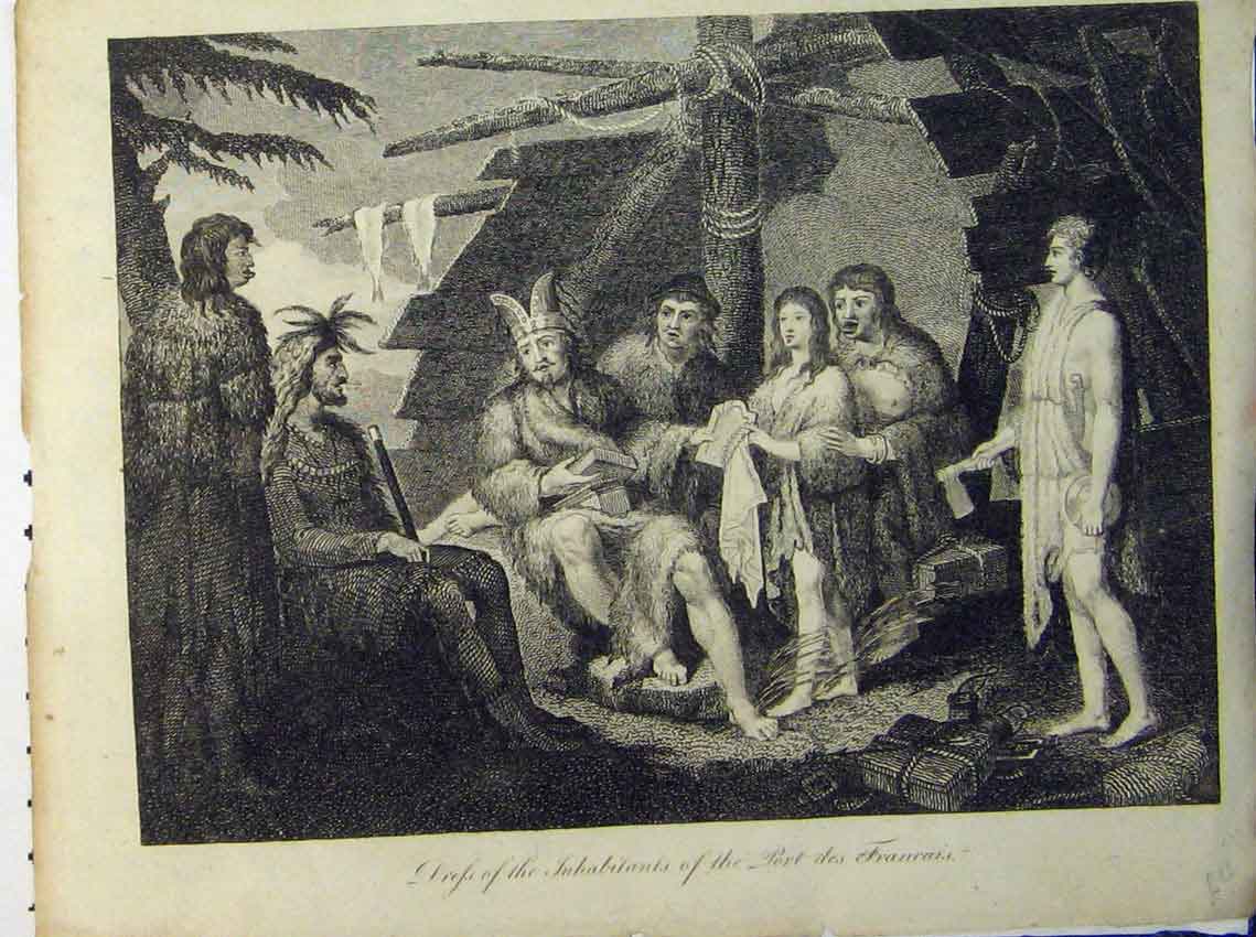 Original Old Antique Print Scene Inhabitants Port Des Francais Engraving 19th