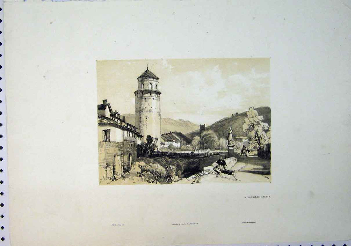Old Antique Print View Fieldkirch Castle C1864 Mountains Village Scene 19th