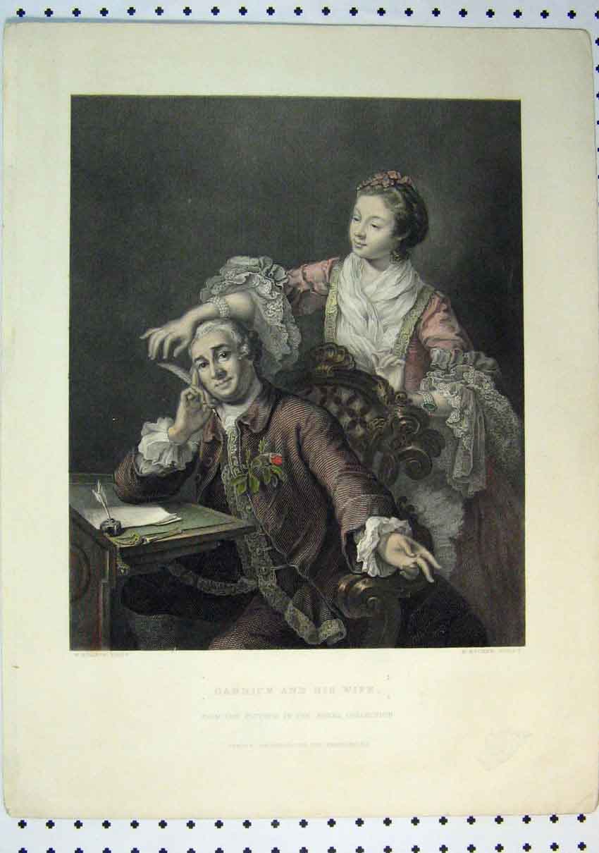 Original Old Antique Print C1864 Colour Garrick Wife Royal Collection Table