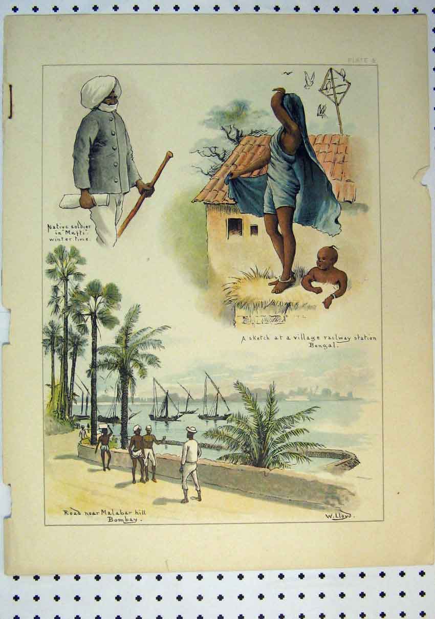 Original Old Antique Print C1864 Colour Village Railway Station Bengal Sier Bay