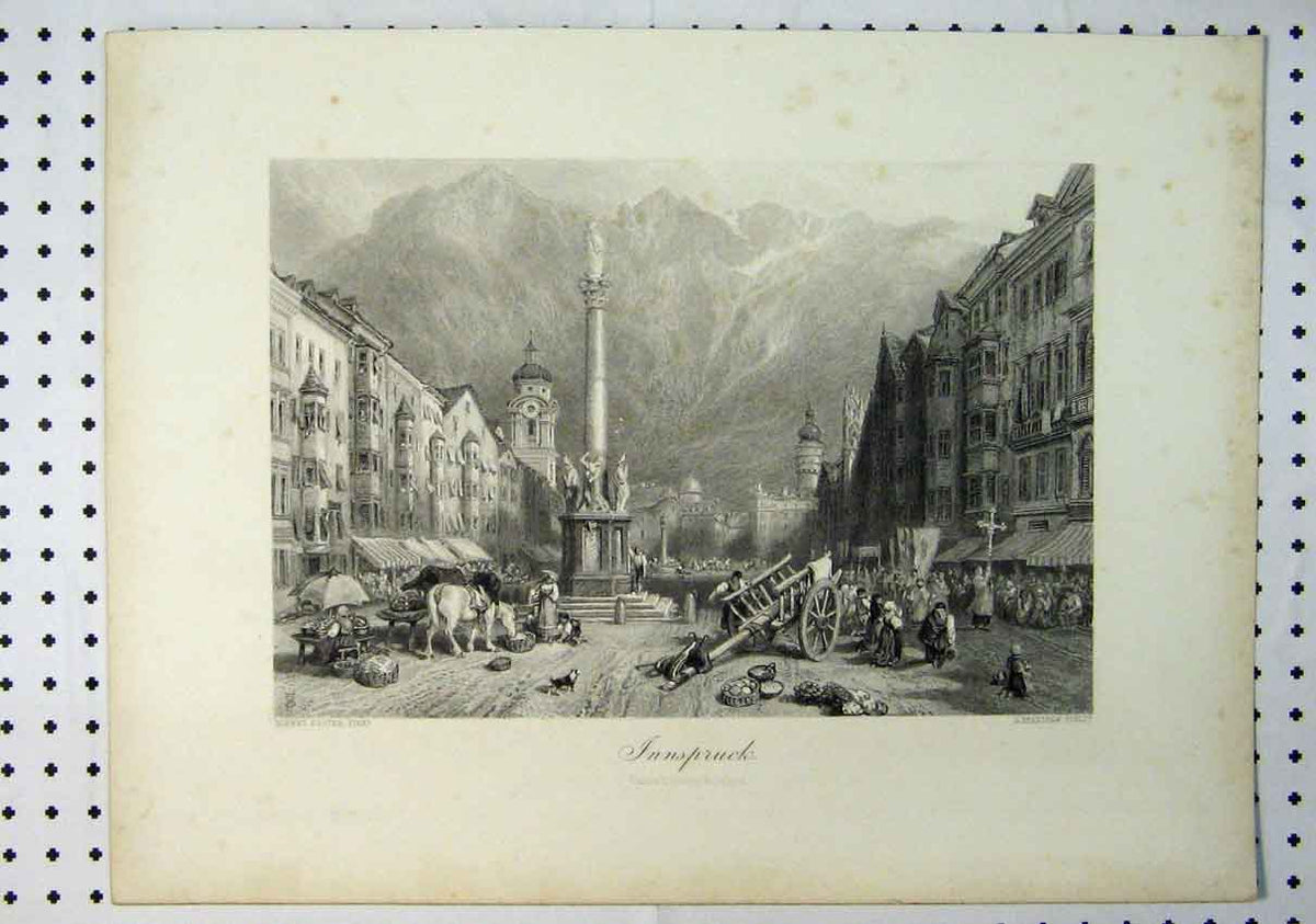 Original Old Antique Print C1864 View Innspruck Mountain Scene Street Market