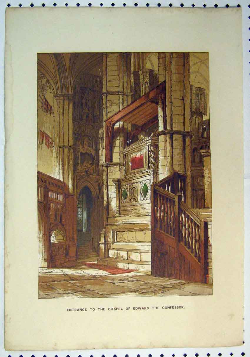 Original Old Antique Print Colour C1864 Entrance Chapel Edward Confessor 19th