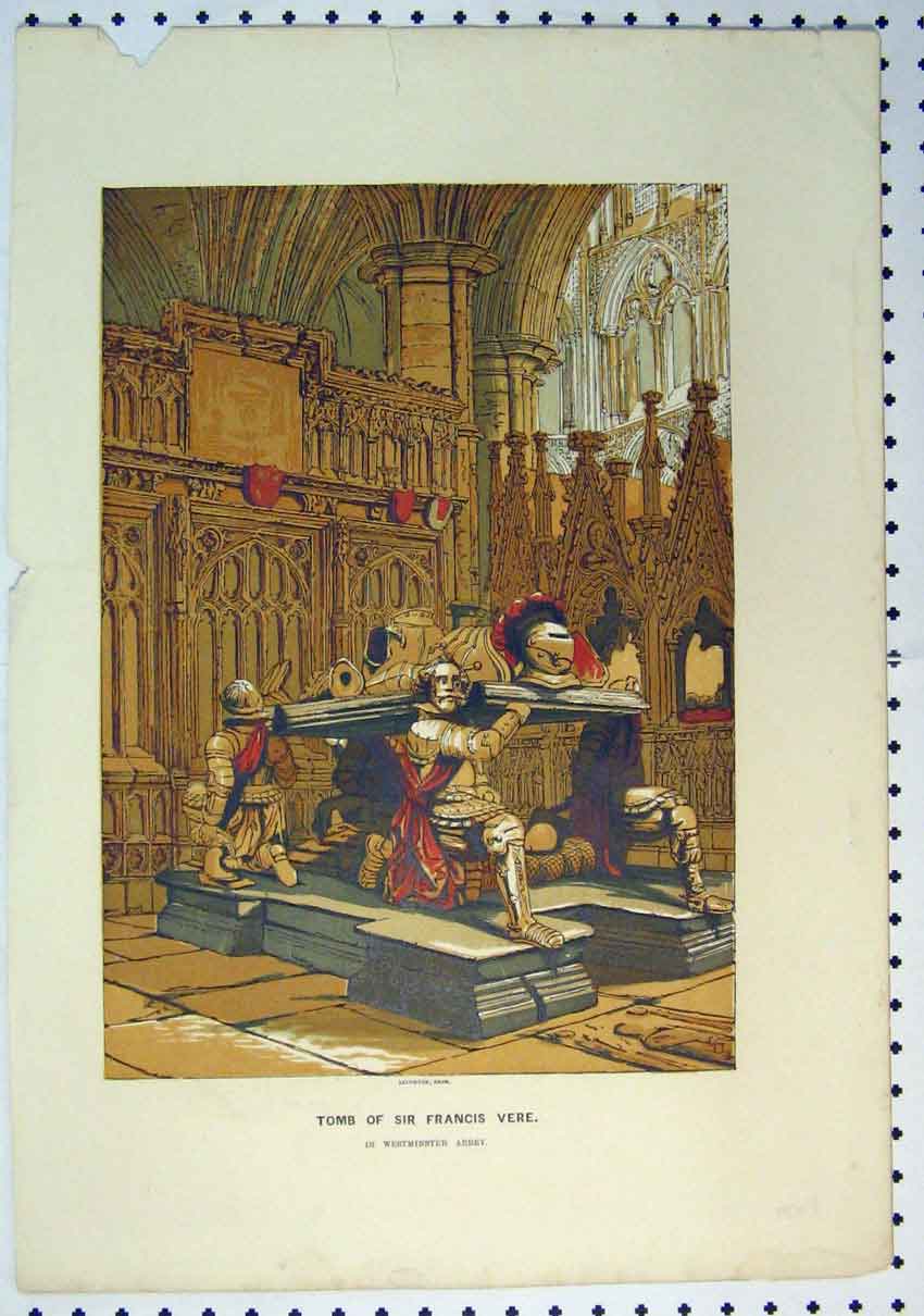 Original Old Antique Print C1864 Colour Tomb Sir Francis Vere Westminster 19th
