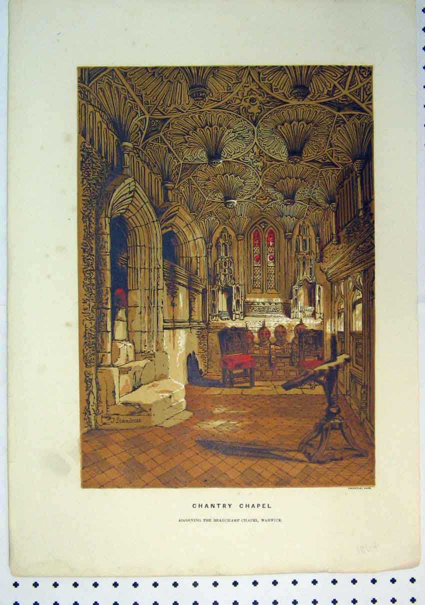 Original Old Antique Print C1864 Colour Chantry Chapel Beauchamp Chapel 19th