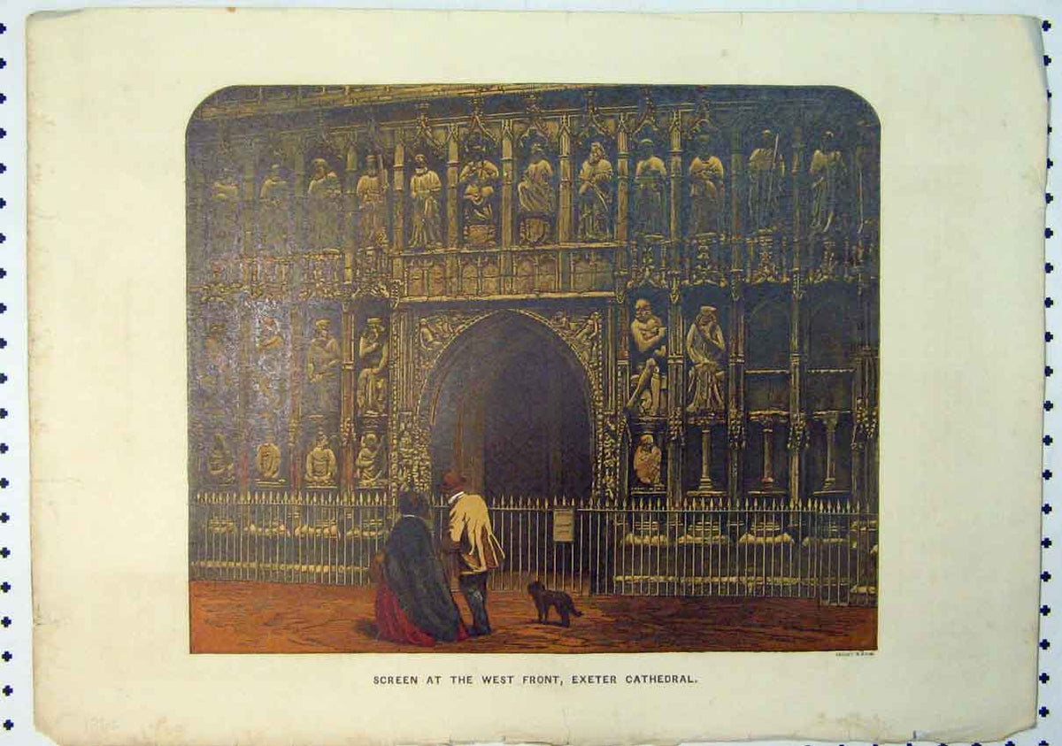 Original Old Antique Print C1864 Screen West Front Exeter Cathedral Colour 19th