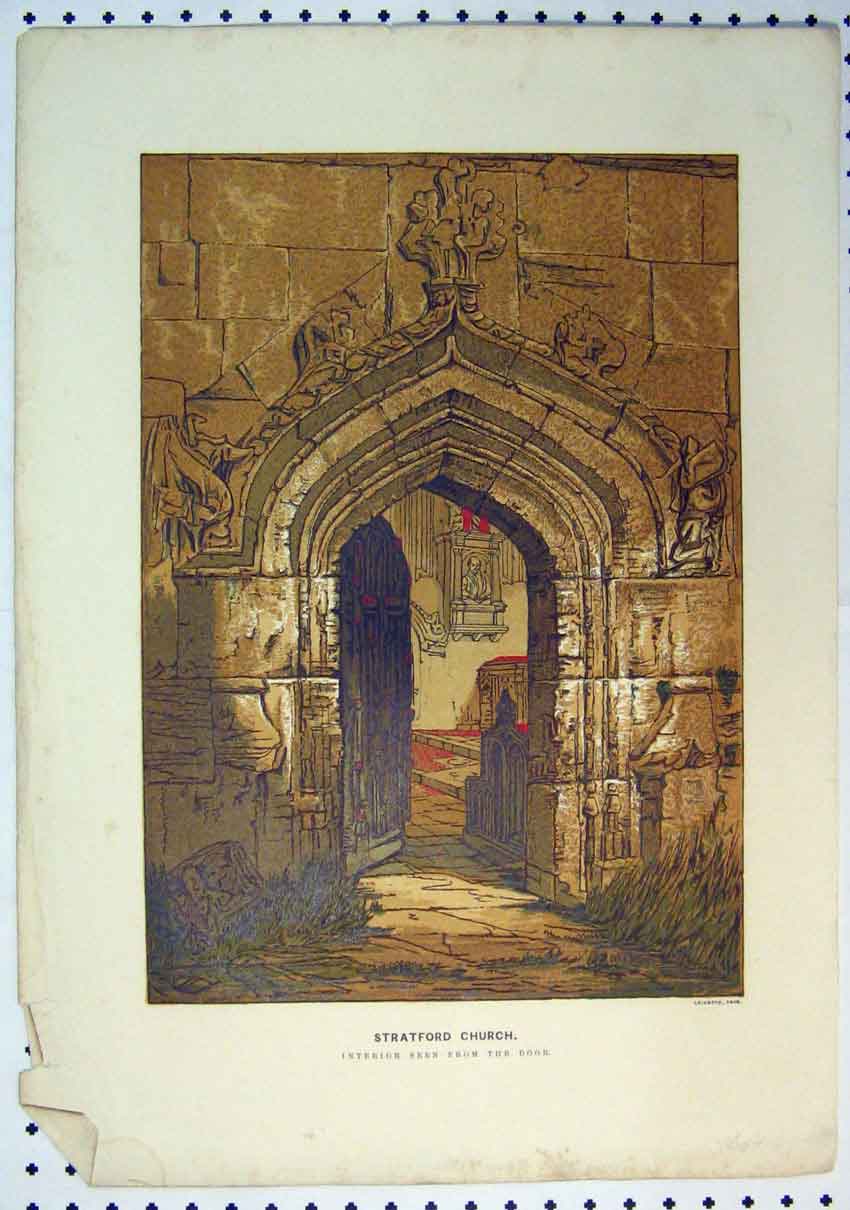 Original Old Antique Print C1864 Colour Stratford Church Interior Door 19th