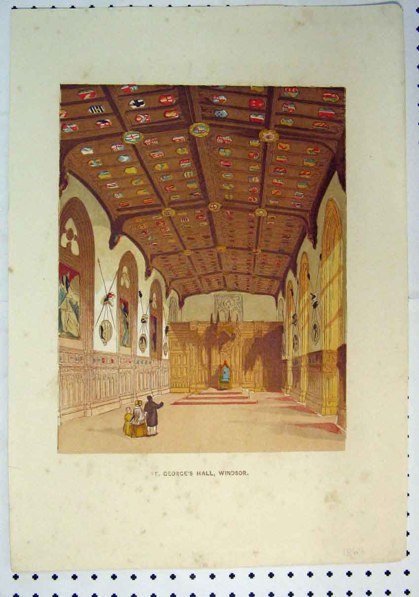 Original Old Antique Print 1864 Colour Interior St Georges Hall Windsor 19th