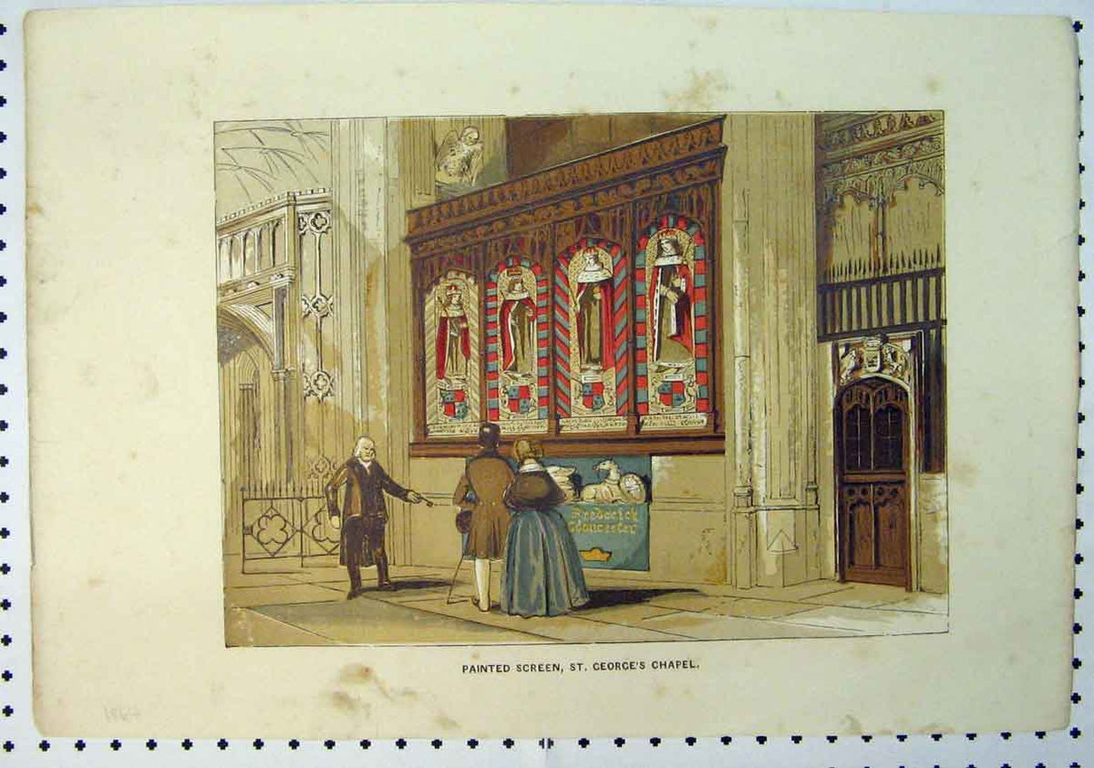 Original Old Antique Print 1864 Colour Painted Screen St Georges Chapel 19th