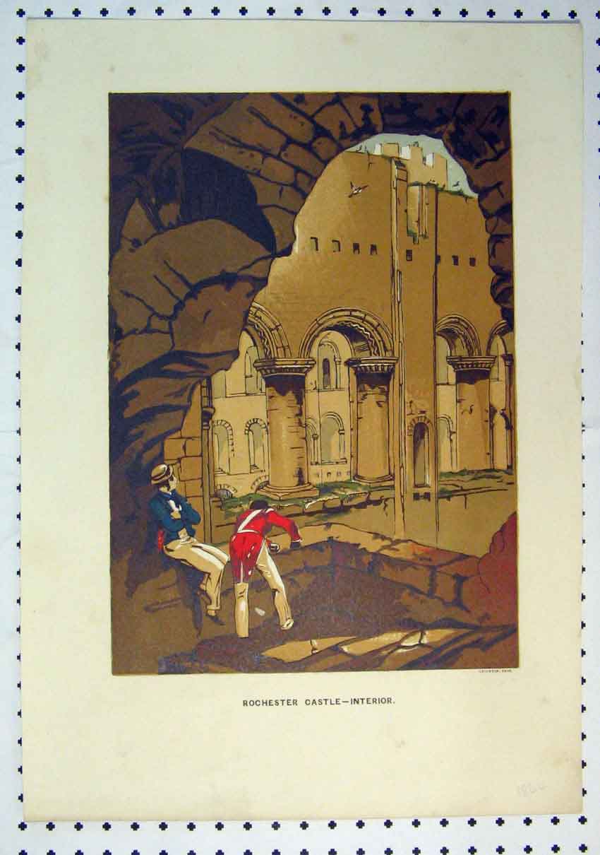 Original Old Antique Print 1864 Colour Interior Rochester Cathedral Men 19th