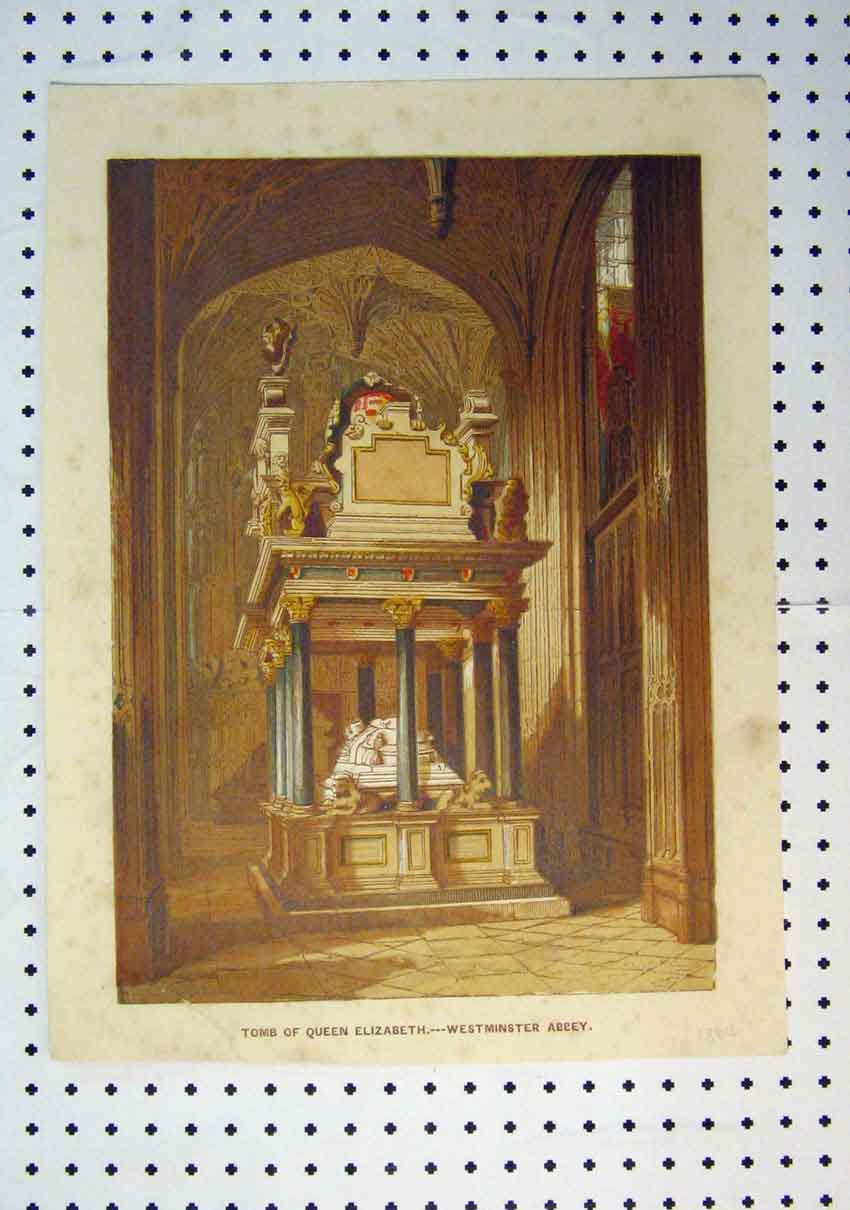 Original Old Antique Print Tomb Queen Elizabeth Westminster Abbey 1864 Colour