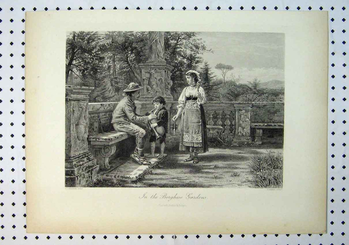 Original Old Antique Print Scene Borghese Gardens C1864 Family Music Victorian