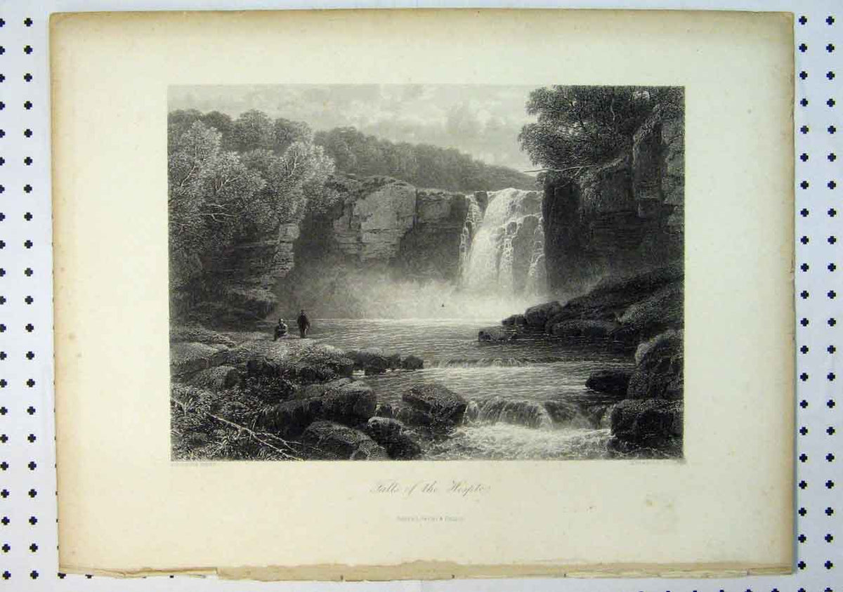 Original Old Antique Print C1864 View Falls Hespte Waterfall Cliffs Trees 19th