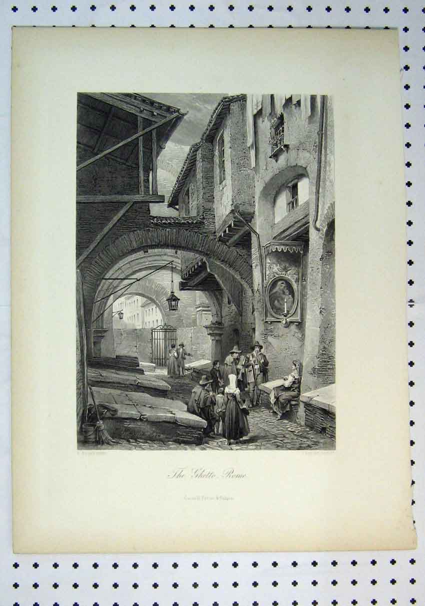 Original Old Antique Print C1864 Scene Ghetto Rome Street Music Haghe Victorian