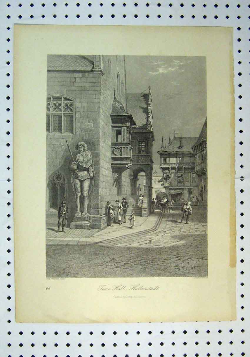 Original Old Antique Print C1864 Street Scene Town Hall Halberstadt Victorian