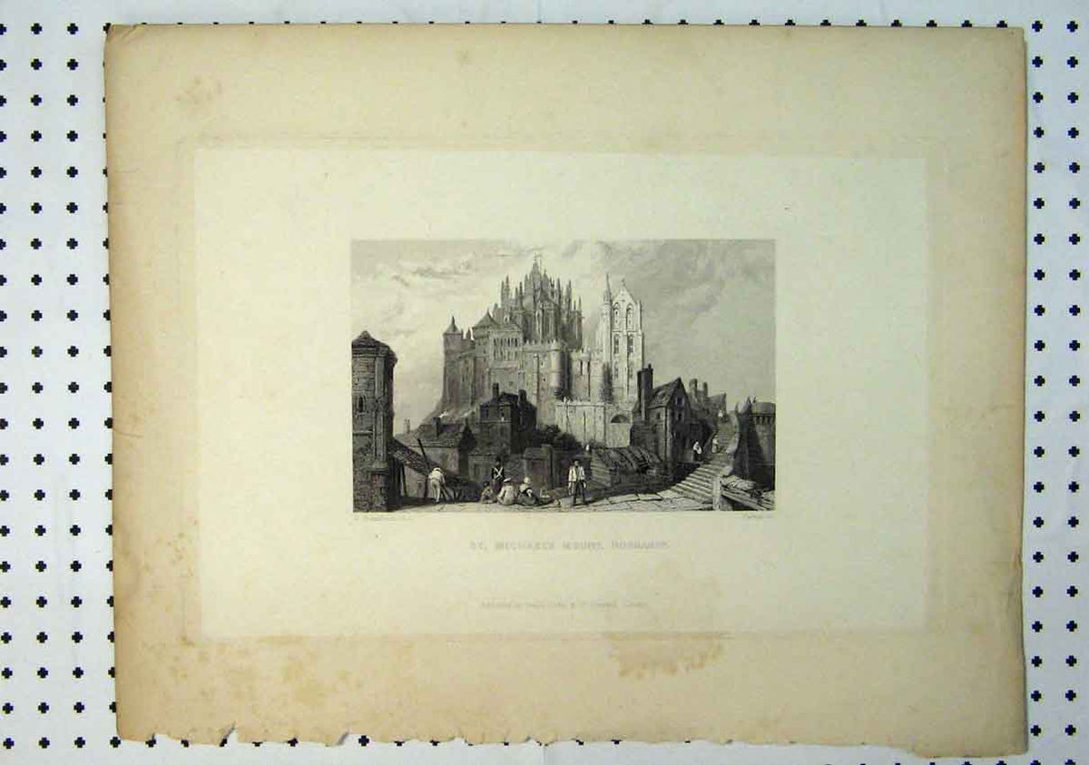 Original Old Antique Print C1864 View St Michaels Mount Normandy France 19th