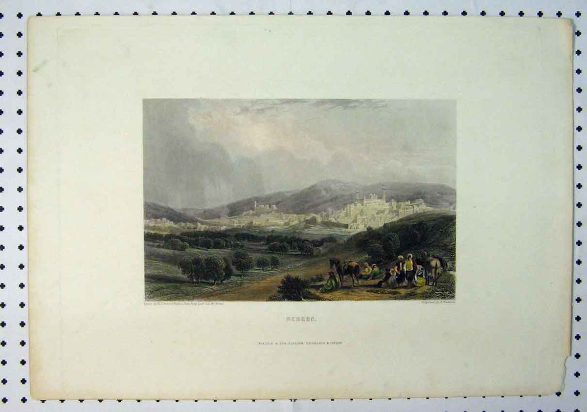 Original Old Antique Print C1864 Colour View Hebron Mountain Scene Village 19th