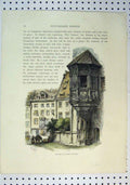Original Old Antique Print Colour C1864 View Parsonage St Sebald Nuremberg 19th