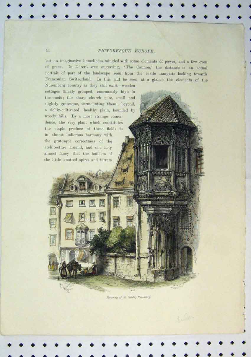 Original Old Antique Print Colour C1864 View Parsonage St Sebald Nuremberg 19th