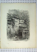 Original Old Antique Print C1864 View Pont-En-Royans Buildings River Victorian