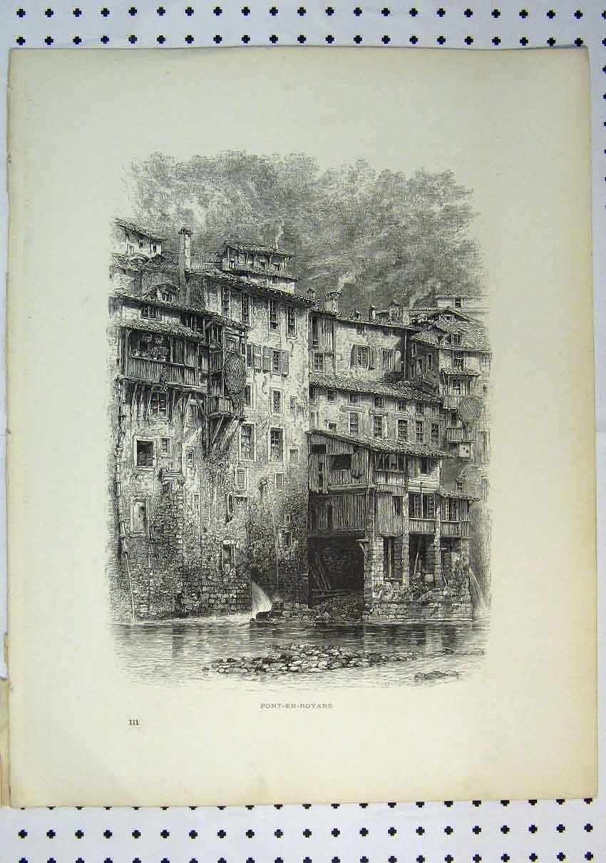Original Old Antique Print C1864 View Pont-En-Royans Buildings River Victorian
