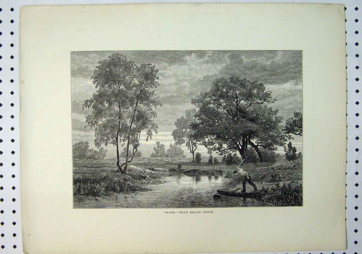 Original Old Antique Print C1864 View Mare River Belle Croix Man Fishing 19th