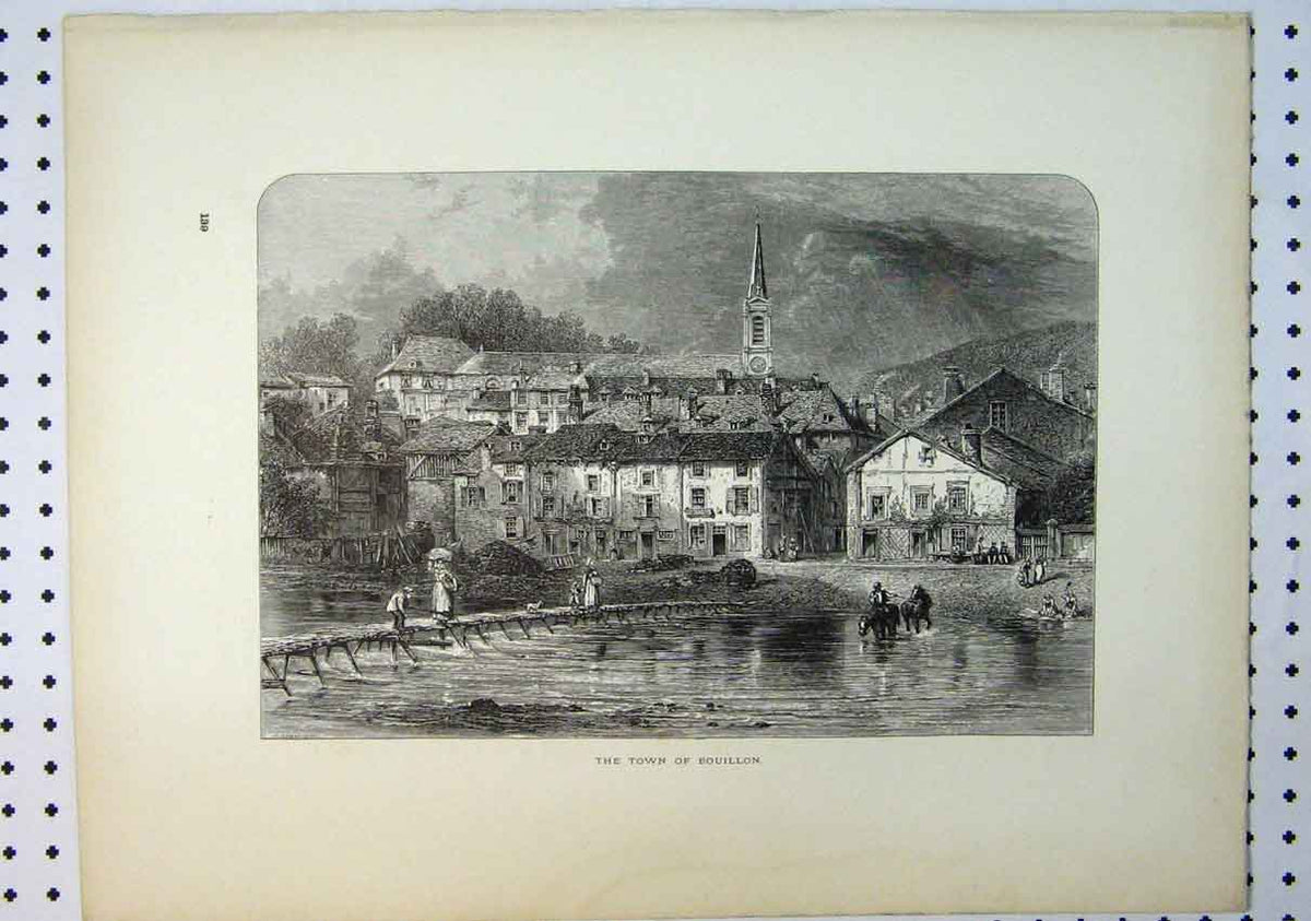 Original Old Antique Print C1864 View Town Bouillon River Bridge Horse Houses