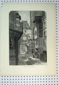 Original Old Antique Print View La Grosse Horloge Rouen C1864 Street Scene 19th