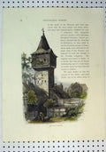 Original Old Antique Print C1864 Colour View Tower Hildesheim Tower Victorian