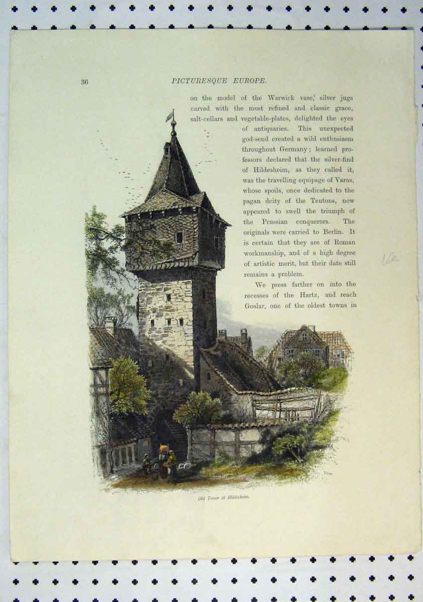 Original Old Antique Print C1864 Colour View Tower Hildesheim Tower Victorian