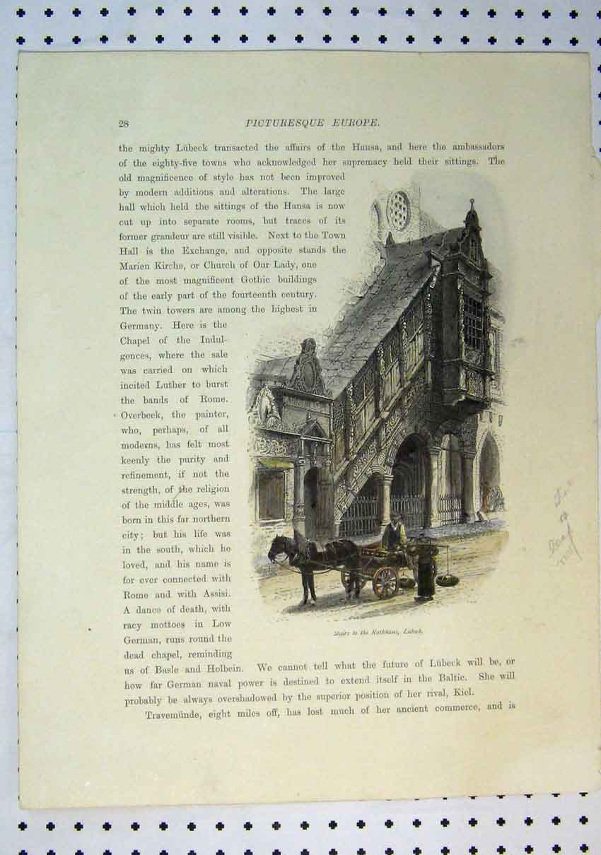 Original Old Antique Print C1864 Colour Stairs Rathhaus Lubeck Horse Cart 19th