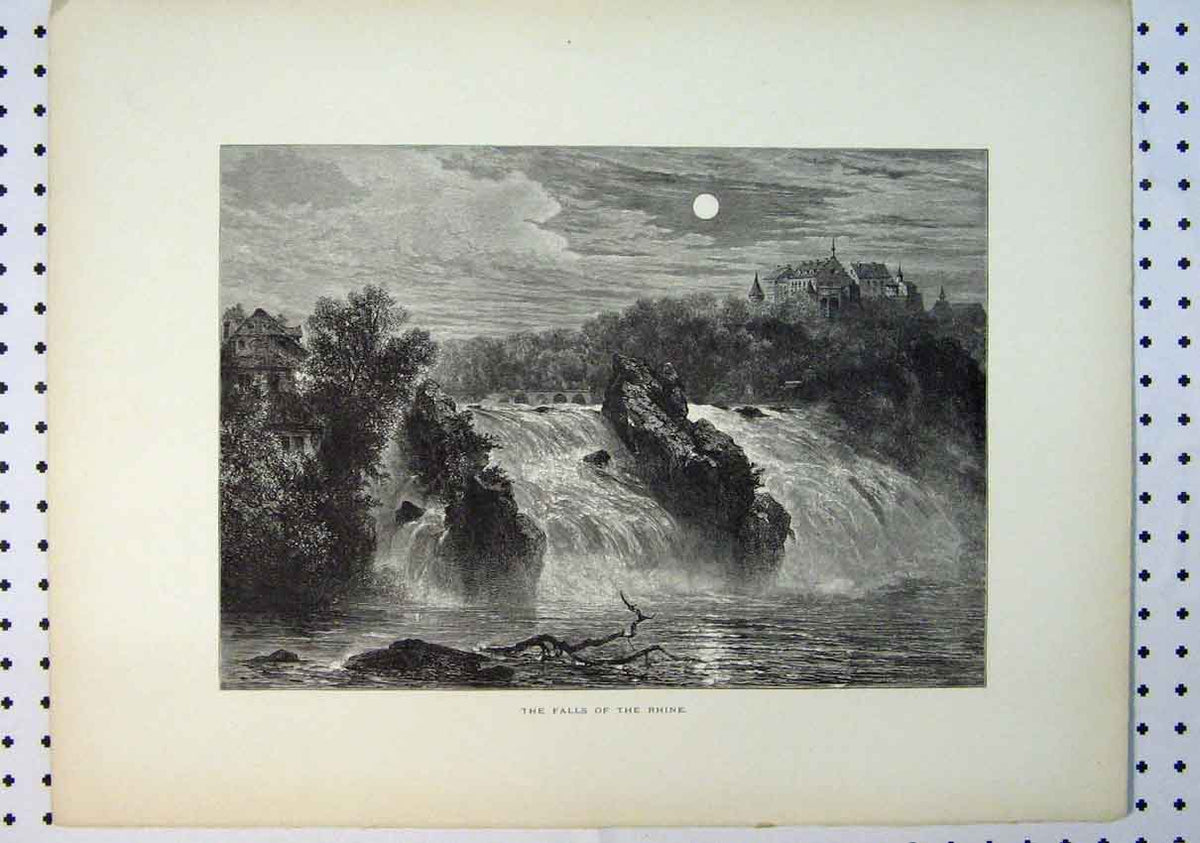 Old Antique Print C1864 View Falls Rhine River Moonlight Castle Waterfall 19th