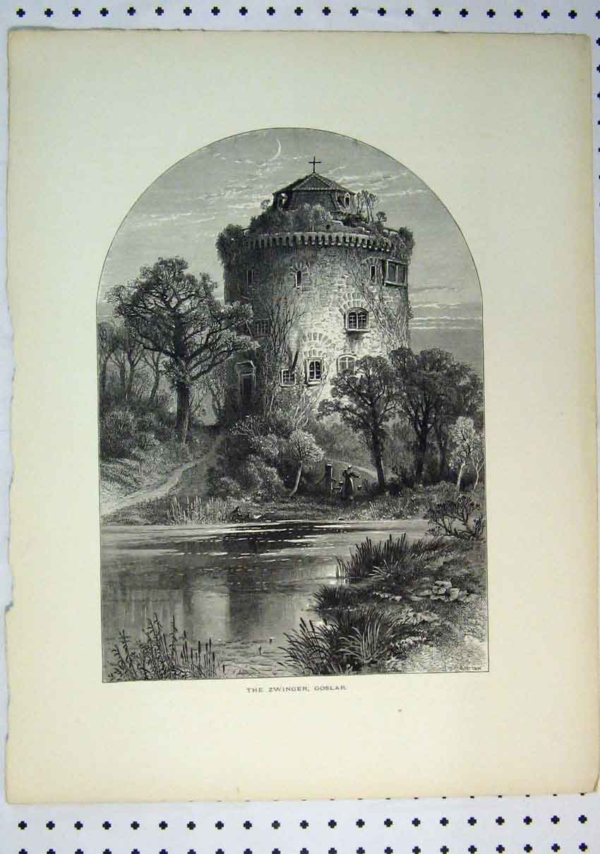 Original Old Antique Print C1864 View Zwinger Goslar Tower River Country 19th