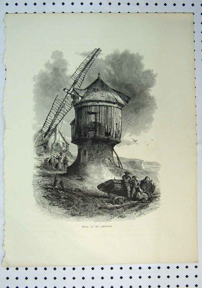 Original Old Antique Print C1864 View Mill St Servan Windmill Boat Sea 19th