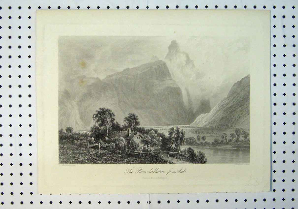 Original Old Antique Print C1864 View Romsdalhorn Mountain Scene Lake Victorian
