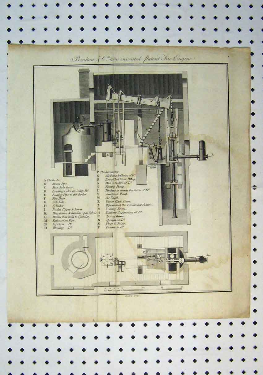 Original Old Antique Print C1864 Boulton Invented Patent Fire Engine Victorian