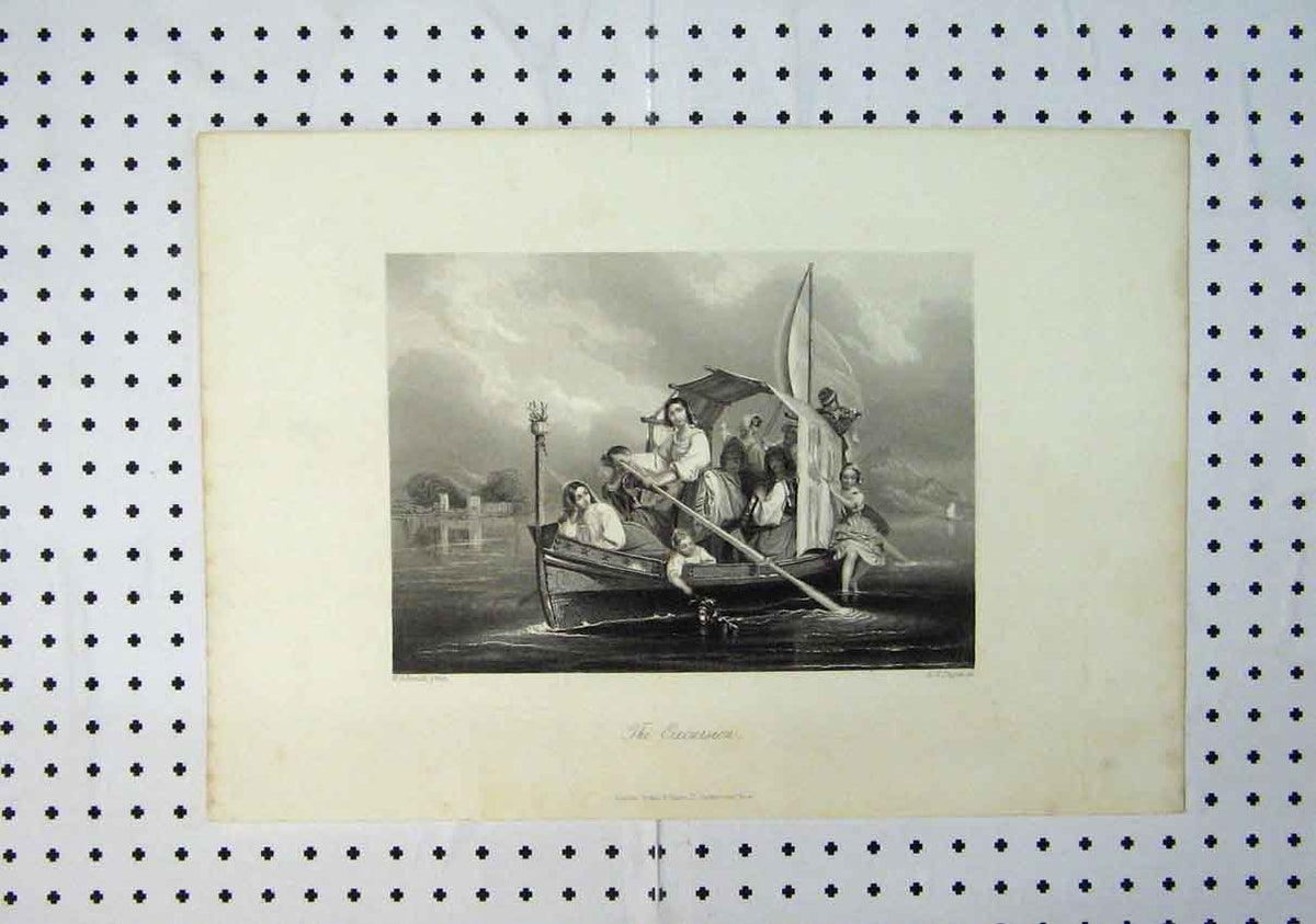Original Old Antique Print C1864 River Boat Excursion Families 19th