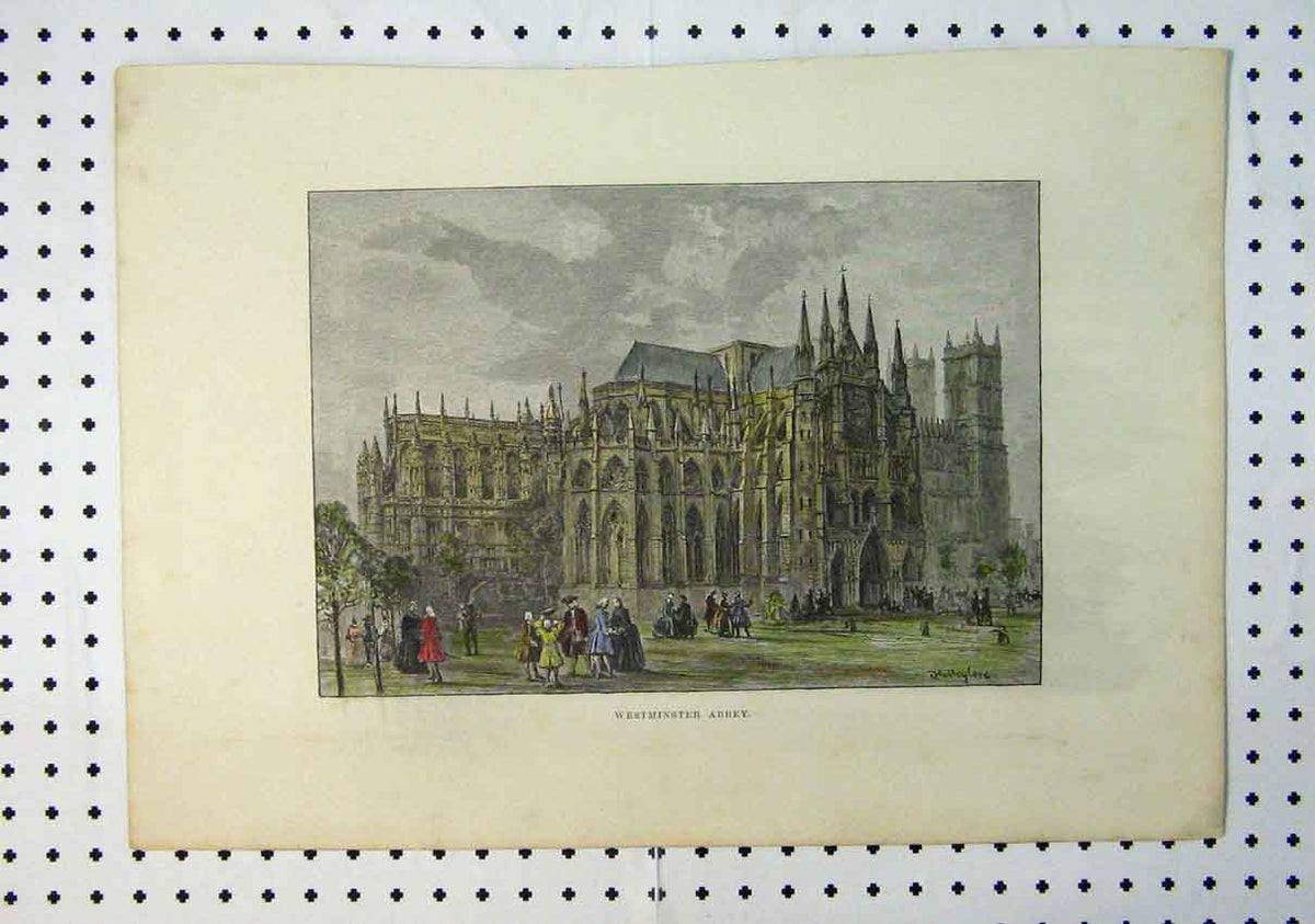 Original Old Antique Print C1864 Colour View Westminster Abbey Building 19th