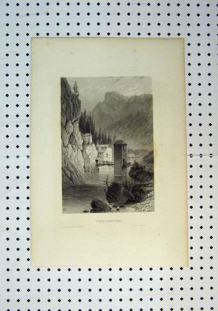 Original Old Antique Print C1864 View Finstermunz Bridge Country Scene River