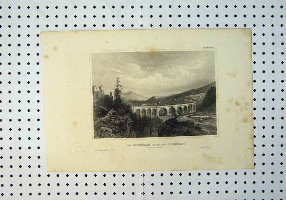 Old Antique Print C1864 View Die Elsenbahn Semmering Bridge Country Scene 19th