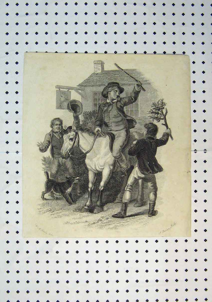 Original Old Antique Print C1864 Man Horse Stick Branch Dog Brown Victorian
