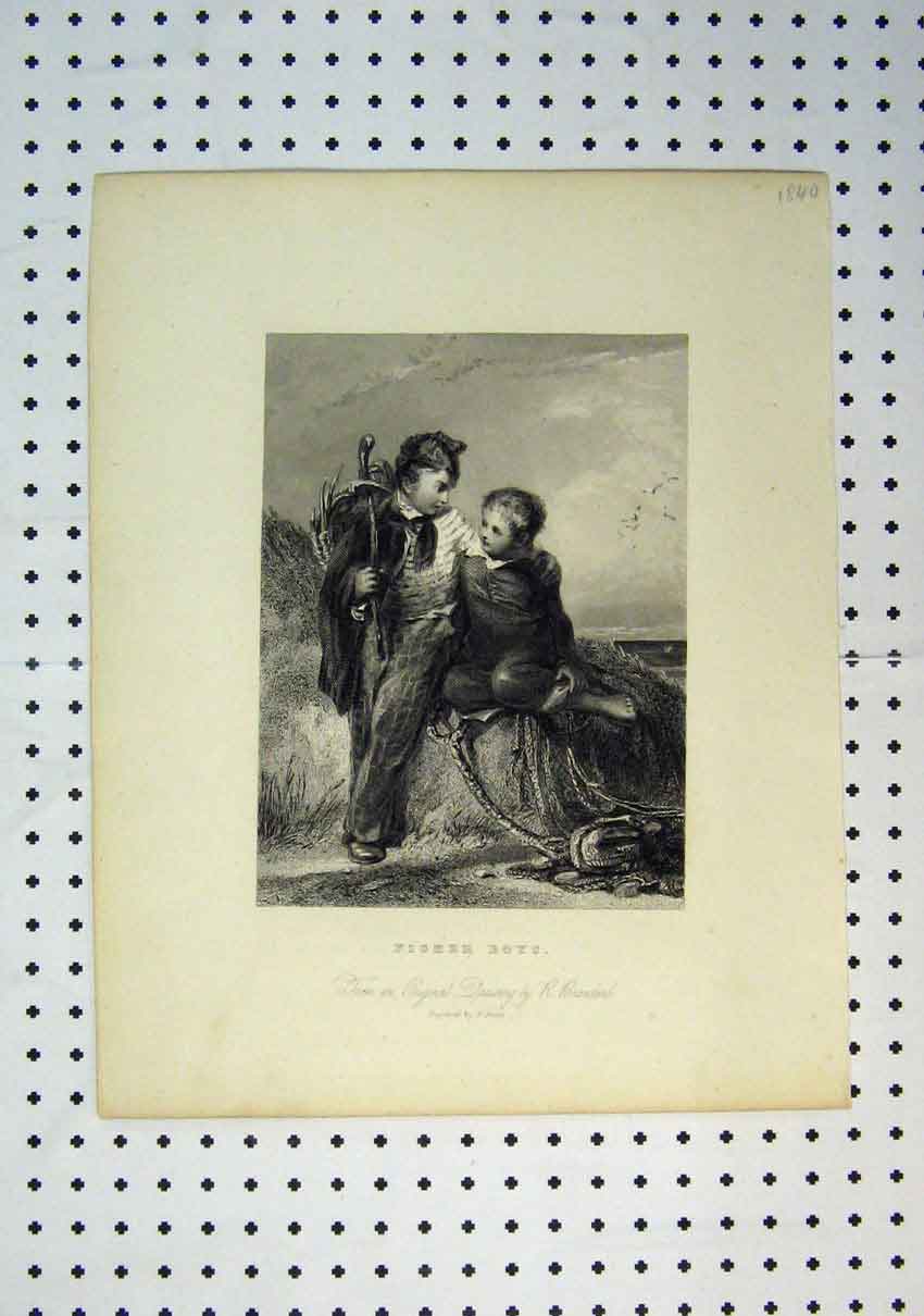 Original Old Antique Print 1840 Fisher Boys Sea Scene Brandard 19th