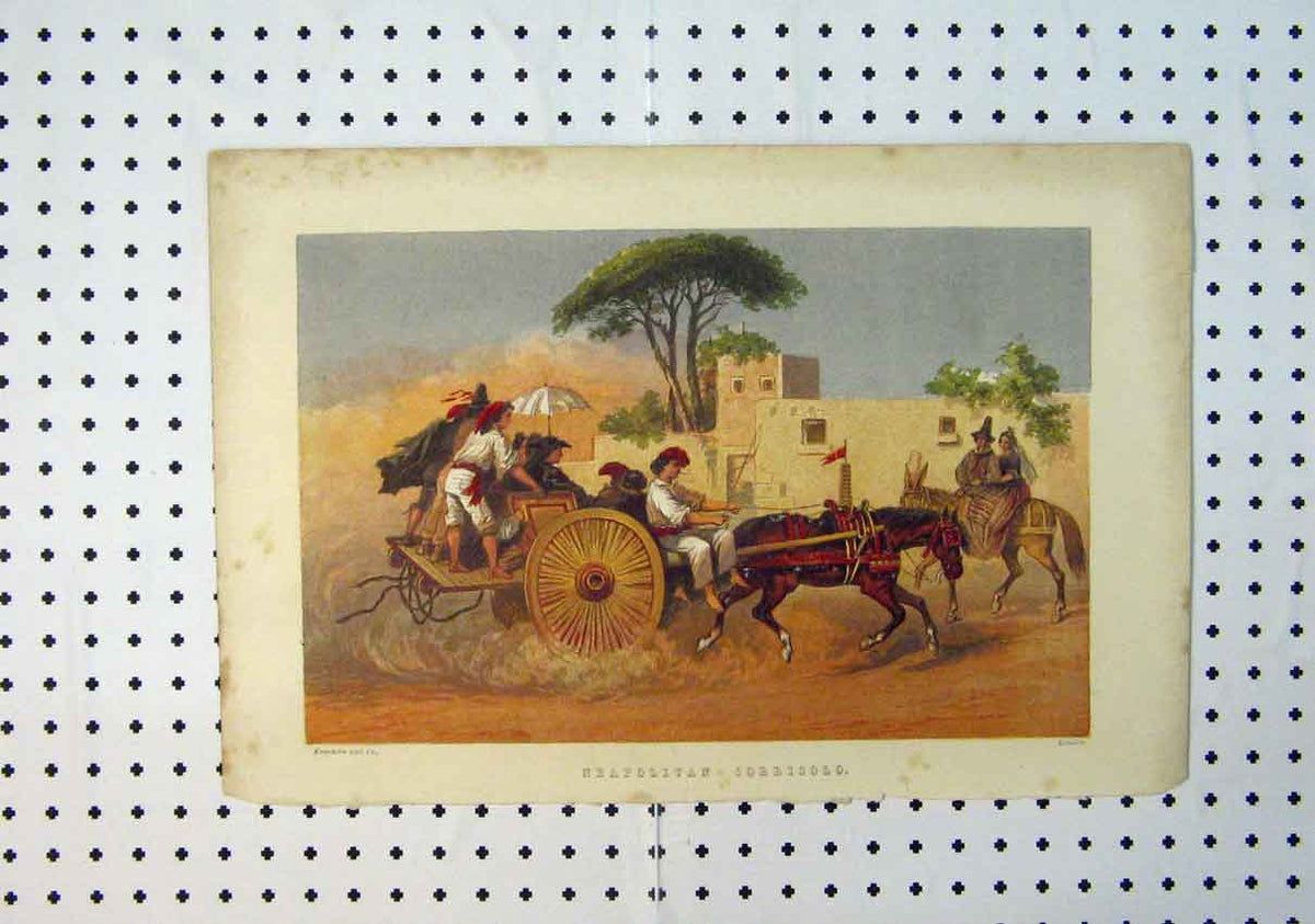 Original Old Antique Print Colour Neapolitan Coreicolo C1864 Horse Coach 19th